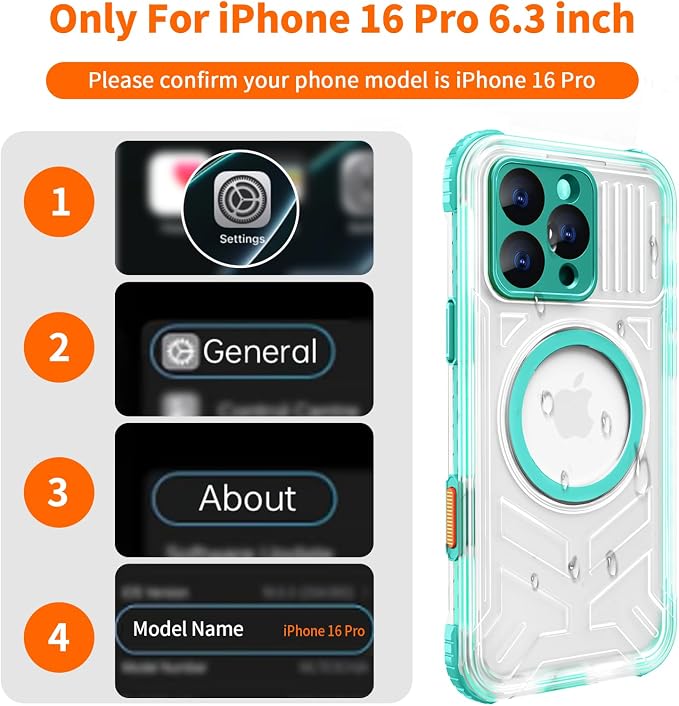 for iPhone 16 Pro Waterproof Case Compatible with MagSafe, IP68 Underwater Case Built-in Screen Protector, Slim Translucent 360° Full Body Protection, 12FT Military Grade, 6.3 Inch (Cyan)