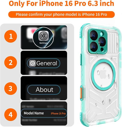 for iPhone 16 Pro Waterproof Case Compatible with MagSafe, IP68 Underwater Case Built-in Screen Protector, Slim Translucent 360° Full Body Protection, 12FT Military Grade, 6.3 Inch (Cyan)