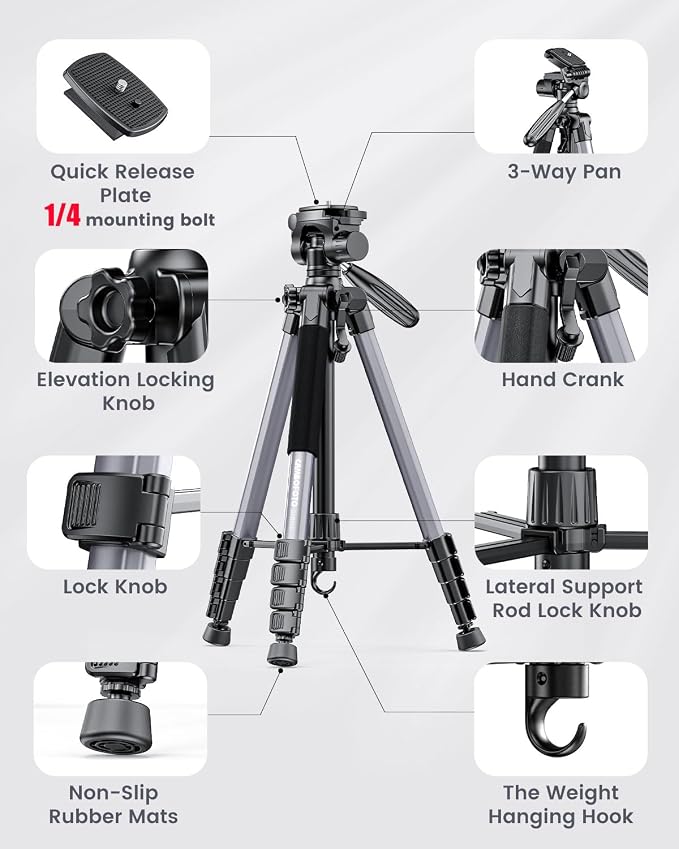 CAMBOFOTO 74″ Aluminum Camera Tripod – Heavy‐Duty Professional Tripod Stand for DSLR & Mirrorless Cameras, Smartphones & GoPro – Lightweight Travel Tripod with 360° Pan Head & Phone Mount