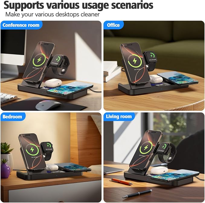 Dual Phone Wireless Charging Station for Apple Devices, 30W Wireless Charger with Auto-Switch 7-Color Light & Clock,Dual iPhone for iPhone 17 for AirPods4 for Apple Watch10