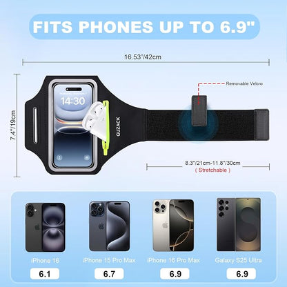 Running Armband with Earphone Pouch & Card Slot, Running Phone Holder for iPhone 17 16 15 14 Pro Max Plus Galaxy S25 S24 S23 Ultra, Up to 6.8" Phones