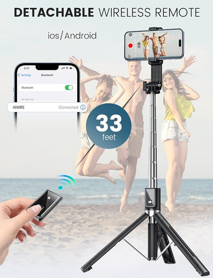 Selfie Stick Tripod with Fill Light and Stable Base, Extendable Phone Tripod with Detachable Wireless Remote, 50" Travel Stand for Cell Phone Film & Vlog Compatible with iPhone Android Gopro