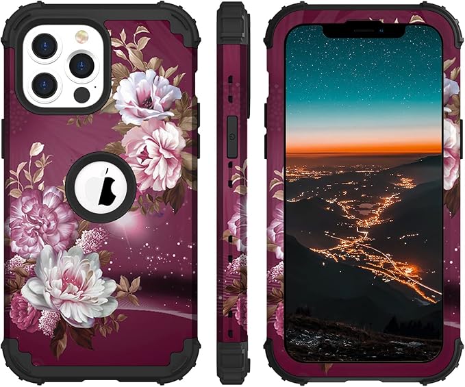 Hocase for iPhone 13 Pro Case, Heavy Duty Shockproof Protection Soft Silicone Rubber+Hard Plastic Bumpers Hybrid Protective Case for iPhone 13 Pro 6.1" 2021 - Royal Purple Flowers