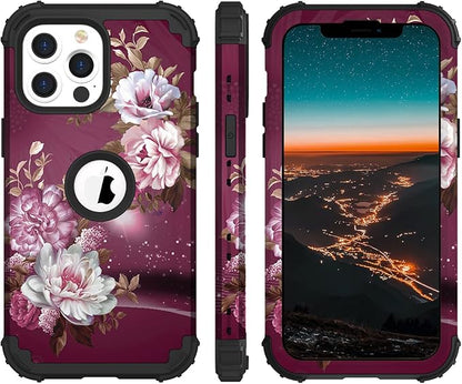 Hocase for iPhone 13 Pro Case, Heavy Duty Shockproof Protection Soft Silicone Rubber+Hard Plastic Bumpers Hybrid Protective Case for iPhone 13 Pro 6.1" 2021 - Royal Purple Flowers