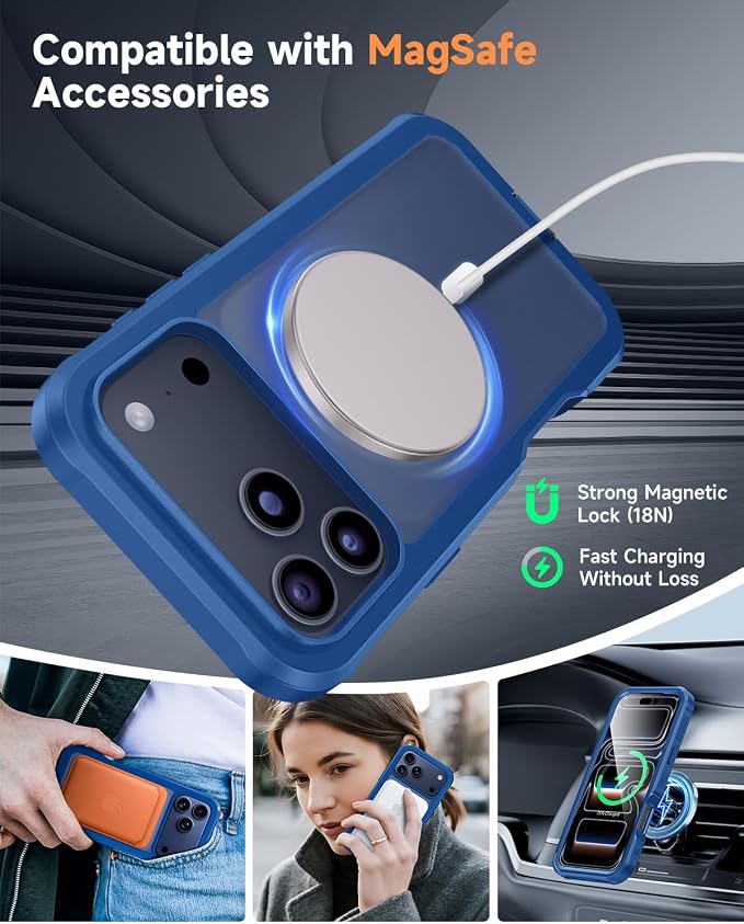 seacosmo for iPhone 17 Pro Max Case, Full Body Bumper with Built-in Tempered Glass Screen and Camera Lens Protector, Compatible with MagSafe, Shockproof 17 Pro Max Phone Case, 6.9", Blue Matte