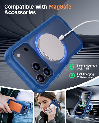 seacosmo for iPhone 17 Pro Max Case, Full Body Bumper with Built-in Tempered Glass Screen and Camera Lens Protector, Compatible with MagSafe, Shockproof 17 Pro Max Phone Case, 6.9", Blue Matte