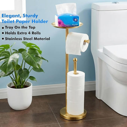 Gold Toilet Paper Holder with Shelf, Freestanding Toilet Paper Holder Stand with Storage for Holding Extra 4 Toilet Paper Rolls, Heavy Base No Tipping Over (Stainless Steel, Gold)