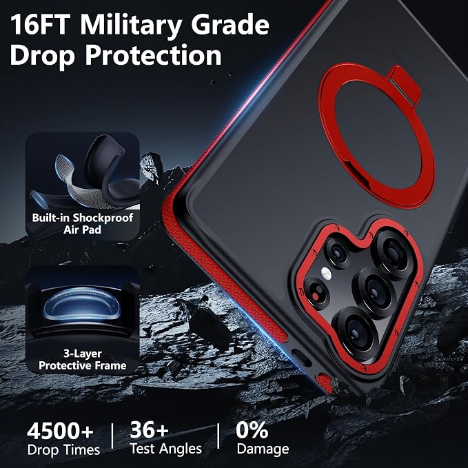 for Samsung Galaxy S25 Ultra Case, Magnetic Adjustable Ring Stand [Fit for Magsafe], [Military-Grade Shockproof Protection] Phone Case for S25 Ultra Case with Kickstand&Ring Holder (Red)