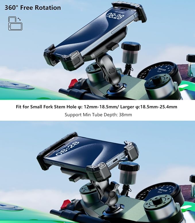 Kewig Motorcycle Fork Stem Phone Mount, with Cap Anti-Theft Short Arm Motorcycle Phone Holder, [1s Lock & Release] Fits for Fork Stem 12-25.4mm in Diameter, for 5.5-7.2" Cellphones