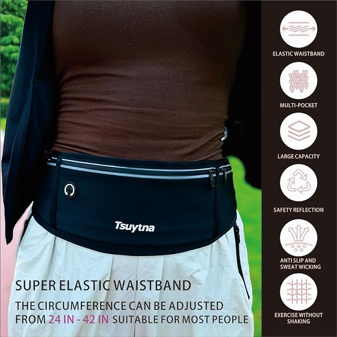 Running Belt for Women & Men - Slim Phone running belt with Water-Resistant Phone Holder, 3 pockets Adjustable Waist Strap, Reflective Safety Design for Running, Hiking, Travel，Fitness(Black)