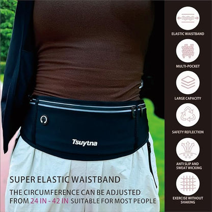 Running Belt for Women & Men - Slim Phone running belt with Water-Resistant Phone Holder, 3 pockets Adjustable Waist Strap, Reflective Safety Design for Running, Hiking, Travel，Fitness(Black)