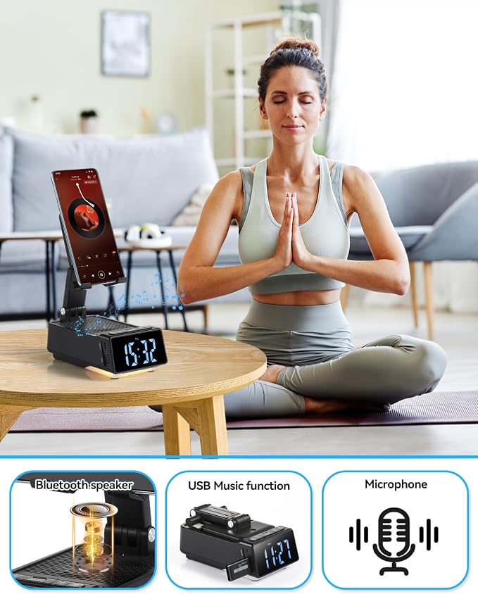 Father's Day Gifts for Dad, Birthday Gifts for Men, 7 in 1 Phone Stand Bluetooth Speaker with Alarm Clock, Wireless Charger, Light, USB Playback & Hands-Free Calling
