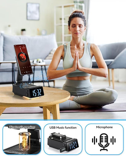 Father's Day Gifts for Dad, Birthday Gifts for Men, 7 in 1 Phone Stand Bluetooth Speaker with Alarm Clock, Wireless Charger, Light, USB Playback & Hands-Free Calling