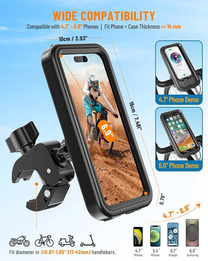 Waterproof Motorcycle Phone Mount, Bike Phone Holder, [No Block Camera] [Quick Install] Secure Bicycle Scooter ATV Handlebar Clamp Clip, Adjustable Fit 4.7-6.9" Cell Phones