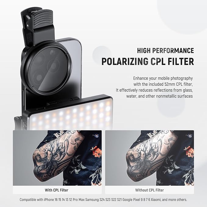 NEEWRE Basics LED Selfie & Tattoo Light Compatible with iPhone, Clip on CPL Filter/Tripod Stand/Phone Holder, Fill Lighting Remove Reflection for Art Food Jewelry Photography Video Recording, BL120B