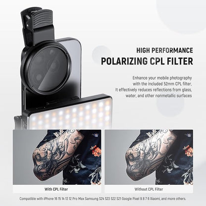 NEEWRE Basics LED Selfie & Tattoo Light Compatible with iPhone, Clip on CPL Filter/Tripod Stand/Phone Holder, Fill Lighting Remove Reflection for Art Food Jewelry Photography Video Recording, BL120B