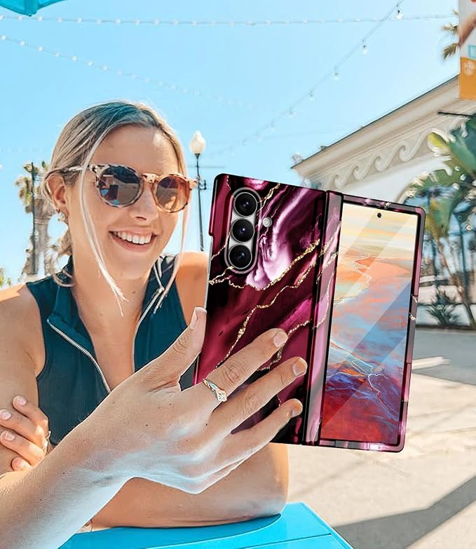Btscase for Samsung Galaxy Z Fold 7 Case,Built in Front Screen Protector,Gold Glitter Marble Pattern Hard PC Slim Shockproof Full Body Drop Protective Case for Galaxy Z Fold 7 5G, Wine Red