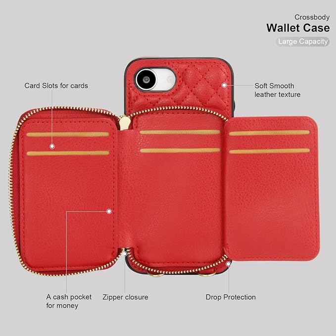 Bocasal Crossbody Wallet Case for iPhone 17e/16e, RFID Blocking PU Leather Zipper Handbag Purse Flip Cover, Kickstand Folio Case with Card Slots Holder Wrist Strap Lanyard 6.1 Inch 5G (Red)