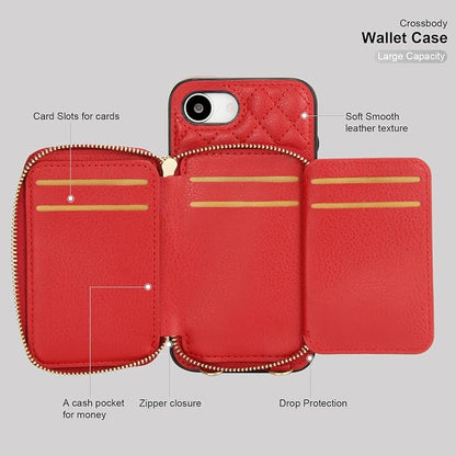 Bocasal Crossbody Wallet Case for iPhone 17e/16e, RFID Blocking PU Leather Zipper Handbag Purse Flip Cover, Kickstand Folio Case with Card Slots Holder Wrist Strap Lanyard 6.1 Inch 5G (Red)