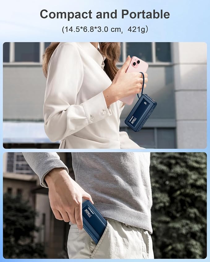 Portable Charger 27000mAh 30W Fast Charging Power Bank | Built-in Cables, LED Display, 6 Outputs & 2 Inputs, USB C Battery Pack, Compatible with iPhone, Samsung, Google