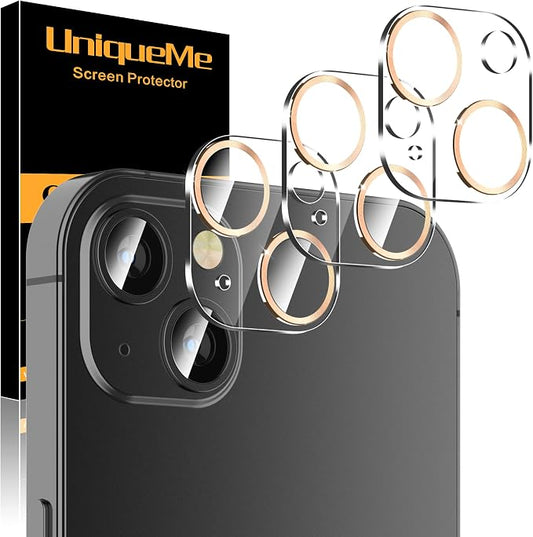 UniqueMe [3 Pack] Compatible with iPhone 13 6.1" / iPhone 13 Mini 5.4" Camera Lens Protector Tempered Glass, [Case Friendly][New Version][Scratch-Resistant][Easy Installation] - Gold Circle