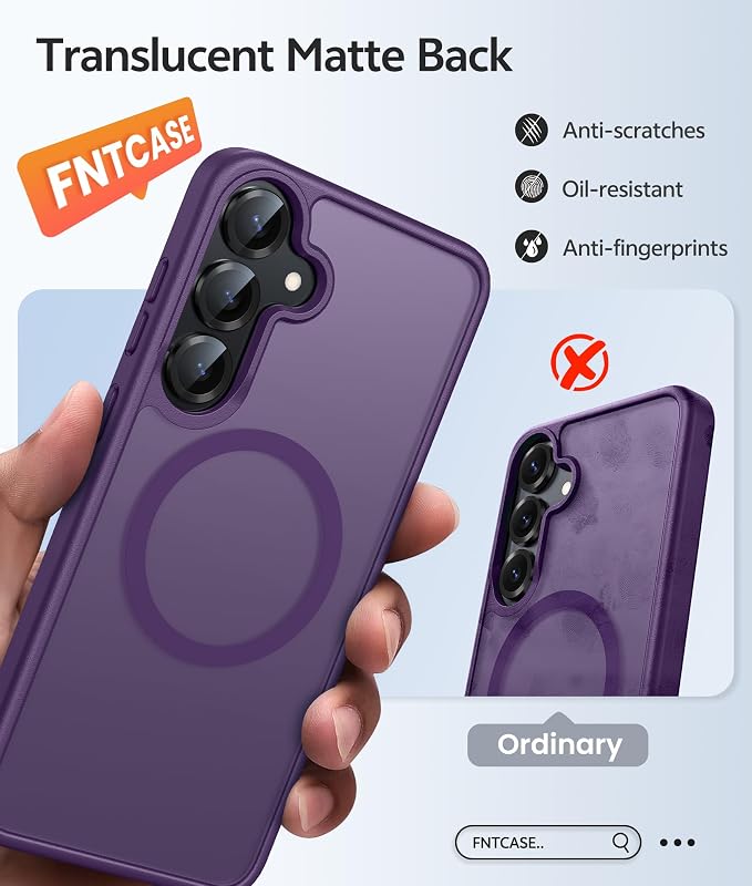 FNTCASE for Samsung Galaxy S25/S24 Case, Fit for Magsafe, Screen Protector | Translucent Matte Magnetic Back, 14FT Military Grade Drop Protection, Shockproof Protective Phone Cover, Purple