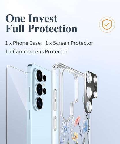GVIEWIN for Samsung Galaxy S26 Ultra Case, Clear Floral Slim Shockproof Protective Women Phone Case, Non-Yellowing, with Screen Protector & Camera Lens Protector for S26 Ultra 6.9", Aconite/Light Blue