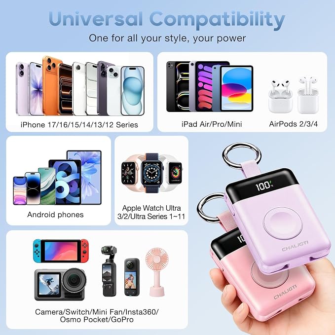10000mAh Portable Charger,PD 22.5W Super Fast Charging Power Bank with Built-in Cables, Travel Keychain Battery Pack for iPhone 17/16/15/14/13/12,Apple Watch Ultra/11/10/9/8/7/6/SE (Purple)