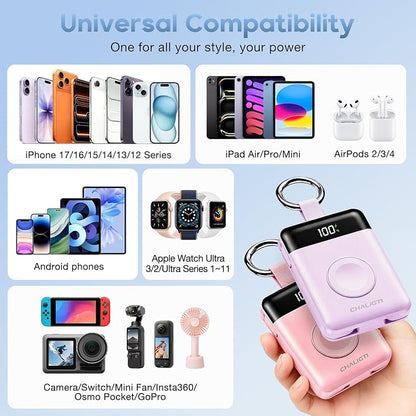 10000mAh Portable Charger,PD 22.5W Super Fast Charging Power Bank with Built-in Cables, Travel Keychain Battery Pack for iPhone 17/16/15/14/13/12,Apple Watch Ultra/11/10/9/8/7/6/SE (Purple)