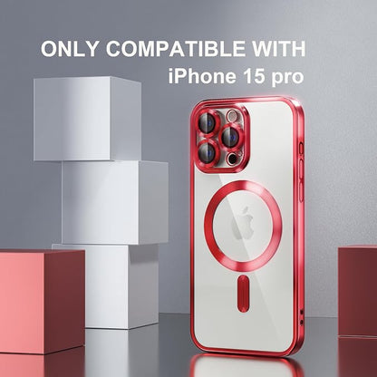 Misea Magnetic for iPhone 15 Pro Case Compatible with MagSafe [Never Yellowing] [Military Grade Drop Protection] Full Camera Lens Protector Plating Soft Clear Phone Case for Women Girls, Red