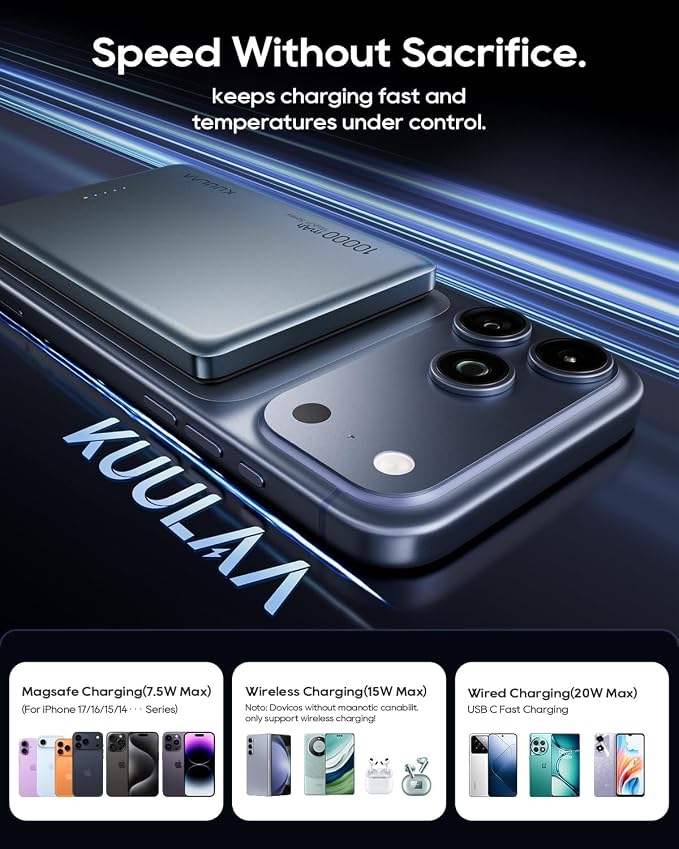 Kuulaa 10000mAh Magnetic Portable Charger Slim Magsafe Battery Pack 0.47'' Power Bank Support USB C PD 20W Fast Charging, Compatible with iPhone air/16/15/14/13/12
