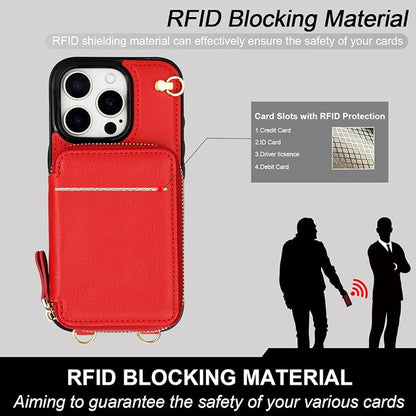 Bocasal Crossbody Wallet Case for iPhone 16 Pro, RFID Blocking Leather Purse Case with Card Holder, Protective Handbag Flip Cover with Zipper Wrist Strap Lanyard for Women 5G 6.3 Inch (Red)