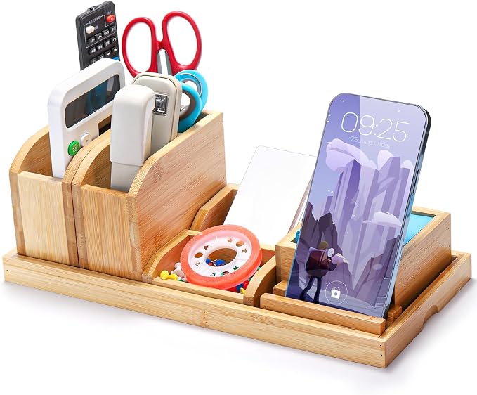 Cididu Bamboo Desk Vanity Tray, 7 Pieces Adjustable Pen Holder Stationery Caddy, Bathroom Vanity Organizer Set, Sturdy Countertop Tray Storage Boxes Office Supplies for Makeup Small Items Home Kitchen