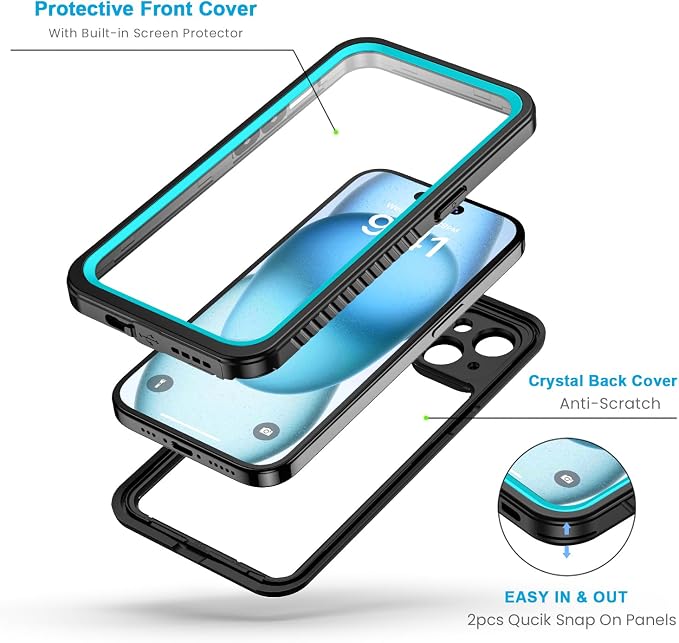 Lanhiem for iPhone 15 Case, IP68 Waterproof Dustproof Shockproof Cases with Built-in Screen Protector, 360 Full Body Protective Heavy Duty Rugged Phone Cover for iPhone 15-6.1 inch (Blue)
