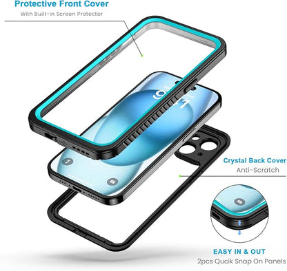 Lanhiem for iPhone 15 Case, IP68 Waterproof Dustproof Shockproof Cases with Built-in Screen Protector, 360 Full Body Protective Heavy Duty Rugged Phone Cover for iPhone 15-6.1 inch (Blue)