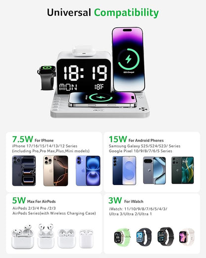 Acer 7-in-1 Wireless Charging Station with LED Clock - 30W Fast Wireless Charger for iPhone 16/15/14/13/12/Pro Max, Apple Watch, AirPods - Bluetooth Auto Time Sync & Night Lights (White)