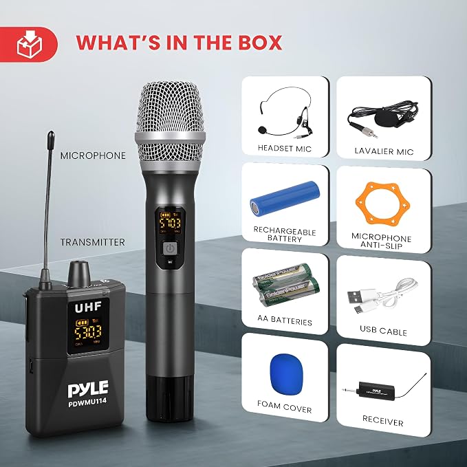 Pyle UHF Wireless Microphone System Kit - Portable Professional Cordless Microphone Set Wireless Mic - Headset, Lavalier, Beltpack Transmitter, Receiver - Karaoke, Conference PDWMU114, Black