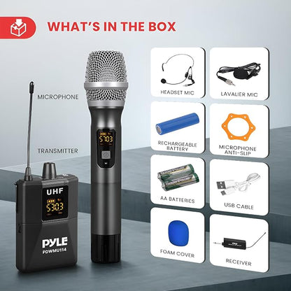 Pyle UHF Wireless Microphone System Kit - Portable Professional Cordless Microphone Set Wireless Mic - Headset, Lavalier, Beltpack Transmitter, Receiver - Karaoke, Conference PDWMU114, Black