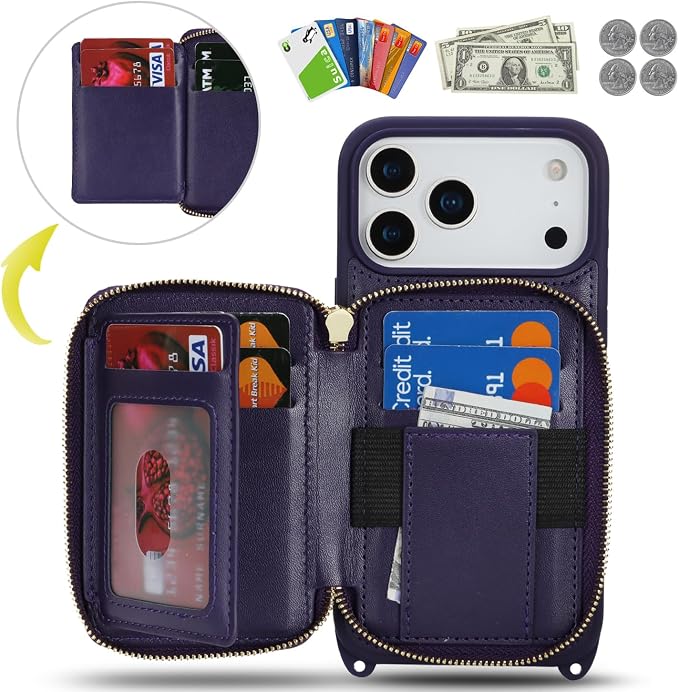 Crossbody Wallet Case for iPhone 17 Pro Max, PU Leather Zipper Handbag Purse Flip Cover, Kickstand Folio Case with Card Slots Holder Wrist Strap Lanyard 5G 6.9 Inch-Purple