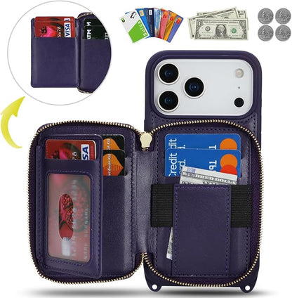 Crossbody Wallet Case for iPhone 17 Pro Max, PU Leather Zipper Handbag Purse Flip Cover, Kickstand Folio Case with Card Slots Holder Wrist Strap Lanyard 5G 6.9 Inch-Purple