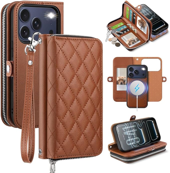 OCASE for iPhone 17 Pro Crossbody Detachable Wallet Case, PU Leather Handbag Phone Purse with Zipper Closure, Card Slots & RFID Blocking, Wrist Strap, Lanyard, Kickstand, Diamond Check Brown