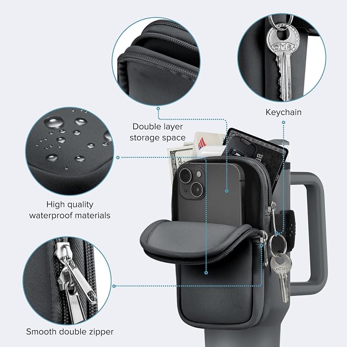 Water Bottle Pouch For Stanley Cup 40oz 30oz, Running Water Bottle Bag for Cards, Keys, Phone, Gym Accessories For Men Women, Travel Tumbler Mug Pouch Compatible With Stanley, Simple Modern