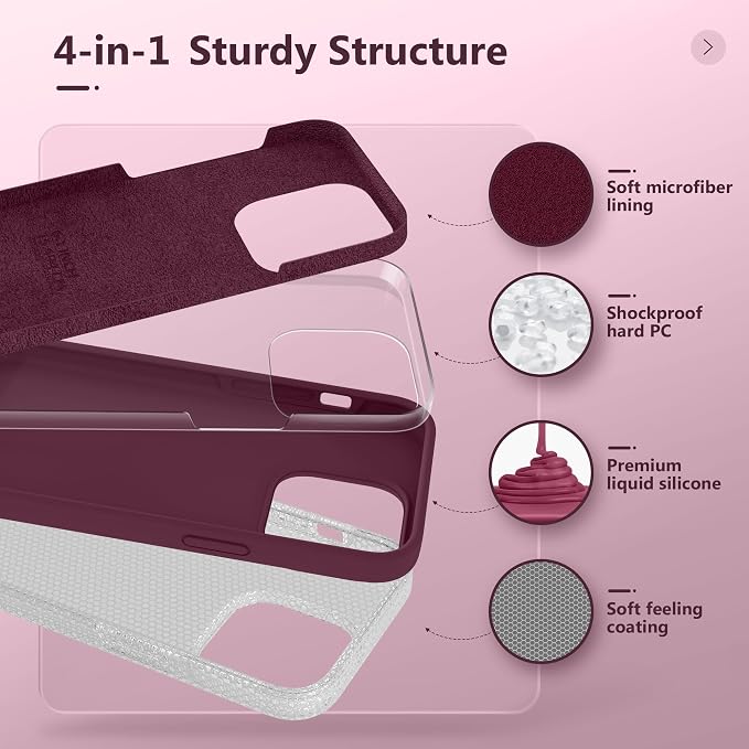 GONEZ for iPhone 14 Pro Case, Compatible with Magsafe, with Screen Protector + Camera Lens Protector, Soft Anti-Scratch Microfiber Lining, Shockproof Liquid Silicone Phone Cover, Wine Red