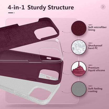 GONEZ for iPhone 14 Pro Case, Compatible with Magsafe, with Screen Protector + Camera Lens Protector, Soft Anti-Scratch Microfiber Lining, Shockproof Liquid Silicone Phone Cover, Wine Red