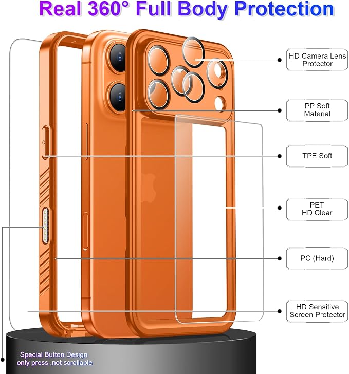 Temdan Compatible with iPhone 17 Pro Case,Waterproof Built-in Screen & Camera Protector IP68 Underwater Full Body 17FT Military Dropproof Shockproof Phone Case 6.3"-Orange/Clear