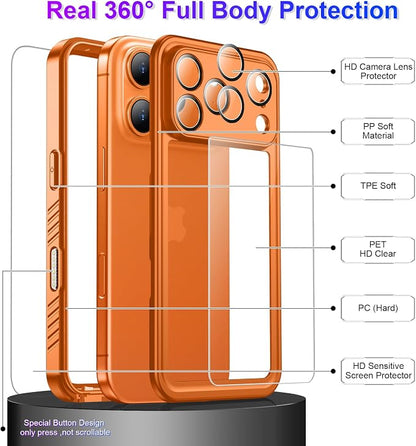Temdan Compatible with iPhone 17 Pro Case,Waterproof Built-in Screen & Camera Protector IP68 Underwater Full Body 17FT Military Dropproof Shockproof Phone Case 6.3"-Orange/Clear