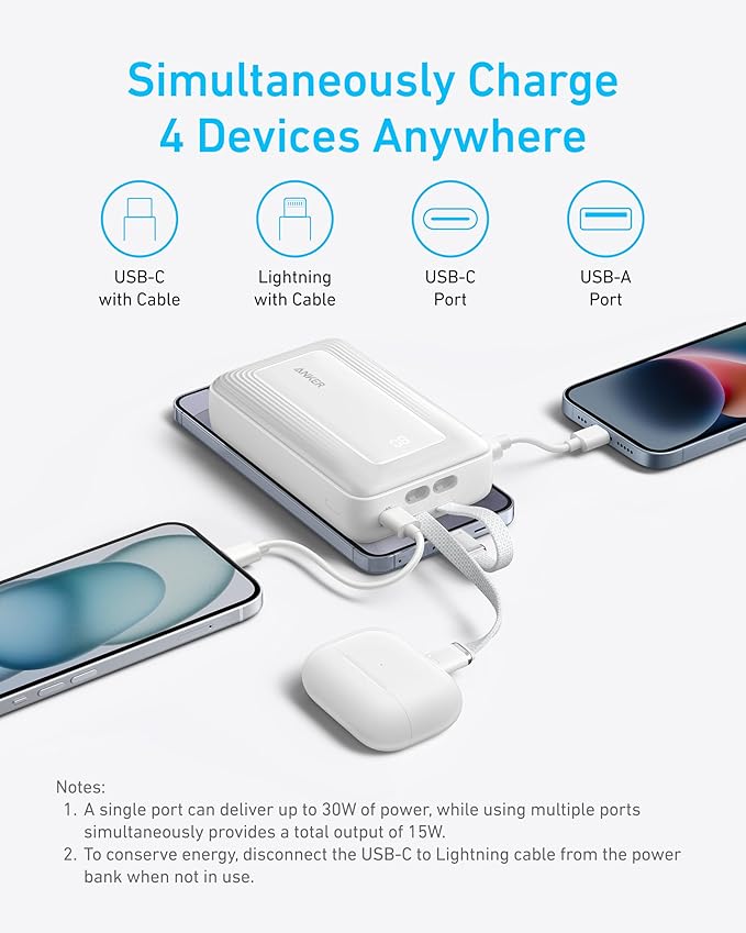 Anker Power Bank, 20,000mAh 30W Max Fast Portable Charger with Built-in USB-C and MFi Certified Lightning Cables, USB-C&A, Battery Pack for iPhone 17/16/15/14 Series, MacBook, Galaxy