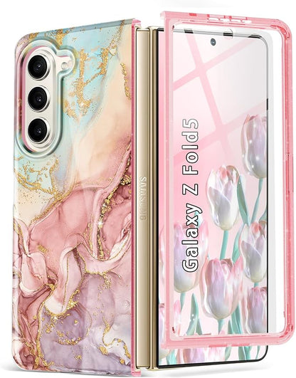 Btscase for Samsung Galaxy Z Fold 5 Case,Built in Front Screen Protector,Gold Glitter Marble Pattern Hard PC Slim Shockproof Full Body Drop Protective Case for Galaxy Z Fold 5 5G, Rose Gold