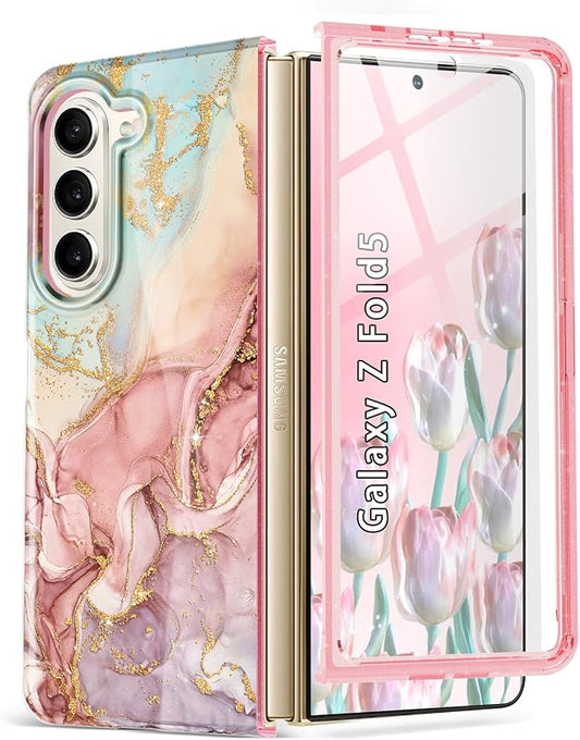 Btscase for Samsung Galaxy Z Fold 5 Case,Built in Front Screen Protector,Gold Glitter Marble Pattern Hard PC Slim Shockproof Full Body Drop Protective Case for Galaxy Z Fold 5 5G, Rose Gold