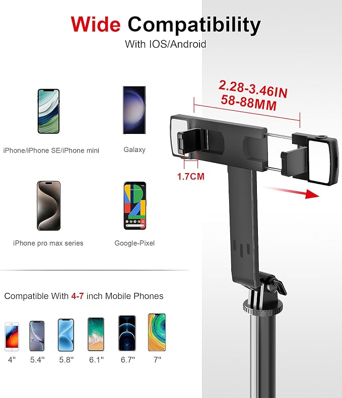 Selfie Stick Phone Tripod with Remote and LED Fill Lights - ASHINER 70 inch Heigh Cell Phone Holder for Travel, Vlogging, Live Streaming Video and Photos,Phone Stand Compatible with iPhone and Android